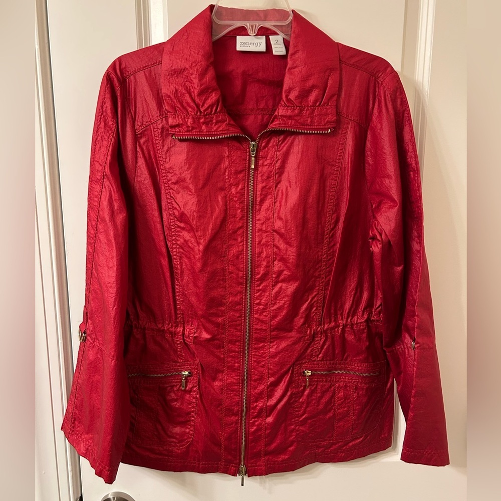 Chico's Red Utility Jacket with Classic Collar and Waist Shaping